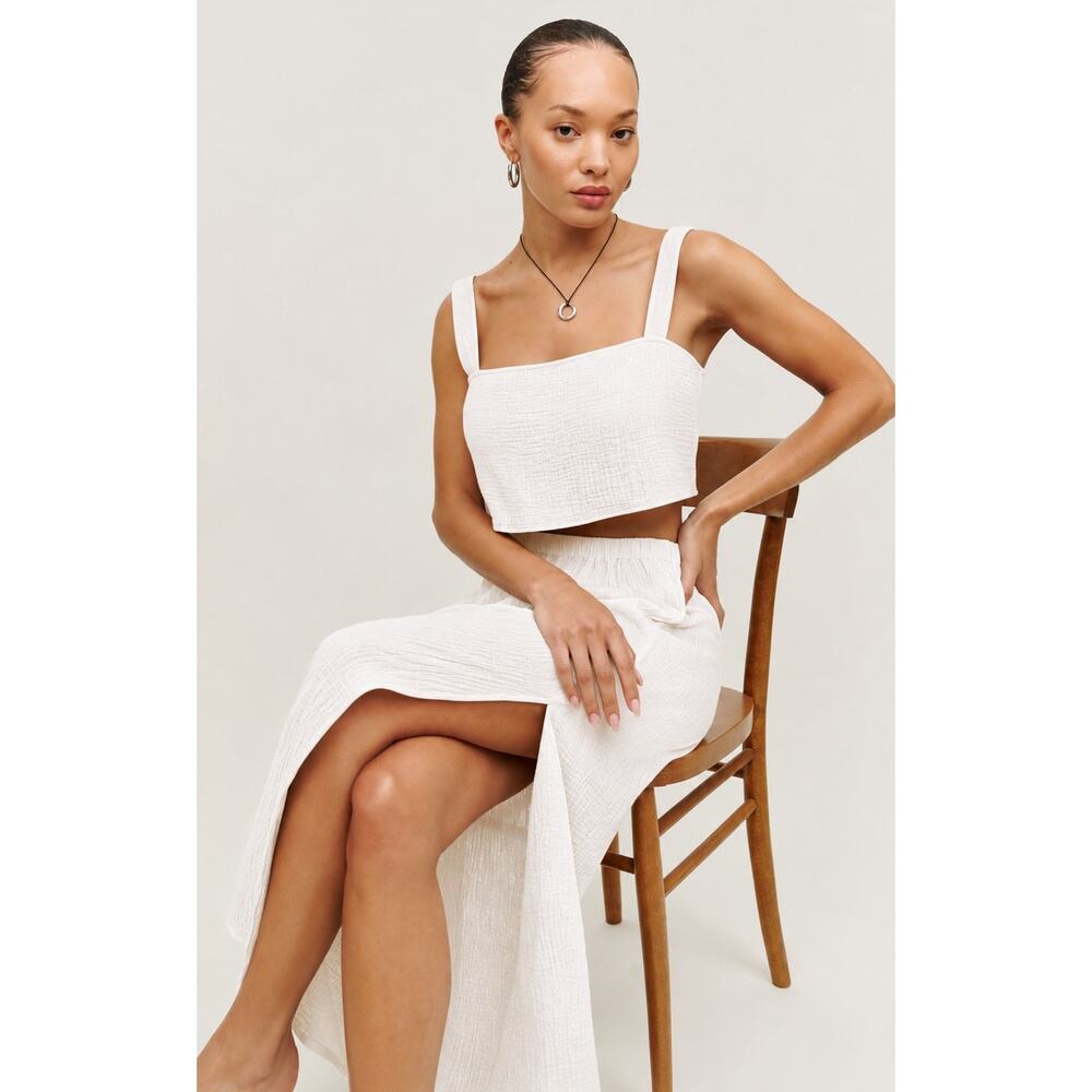 SET Reformation Dawn Two Piece 100% Cotton Gauze Skirt & Crop Top White Size 6